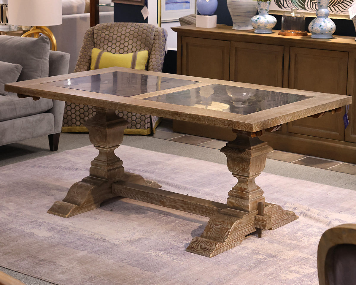 Arhaus Wilhelm Expanding Dining Table in Drifted Finish with Inset Bluestone Top