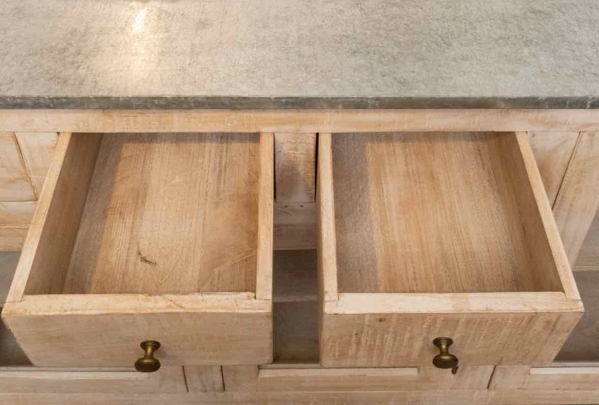 Zinc Wrapped Distressed Cream Finish 4 Glass  Doors 3  Drawers  Sideboard