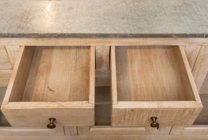 Zinc Wrapped Distressed Cream Finish 4 Glass  Doors 3  Drawers  Sideboard