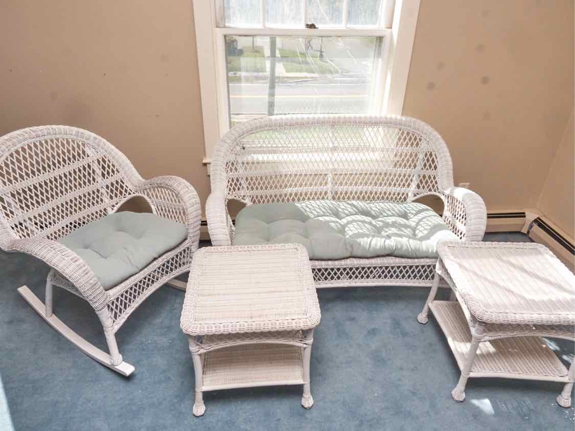 Pier1   Indoor White Wicker  Loveseat,Rocker, Side Chair, 2 Side Tables Set