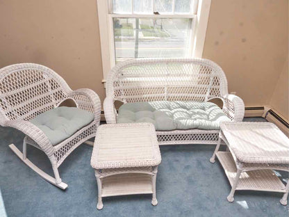 Pier1   Indoor White Wicker  Loveseat,Rocker, Side Chair, 2 Side Tables Set