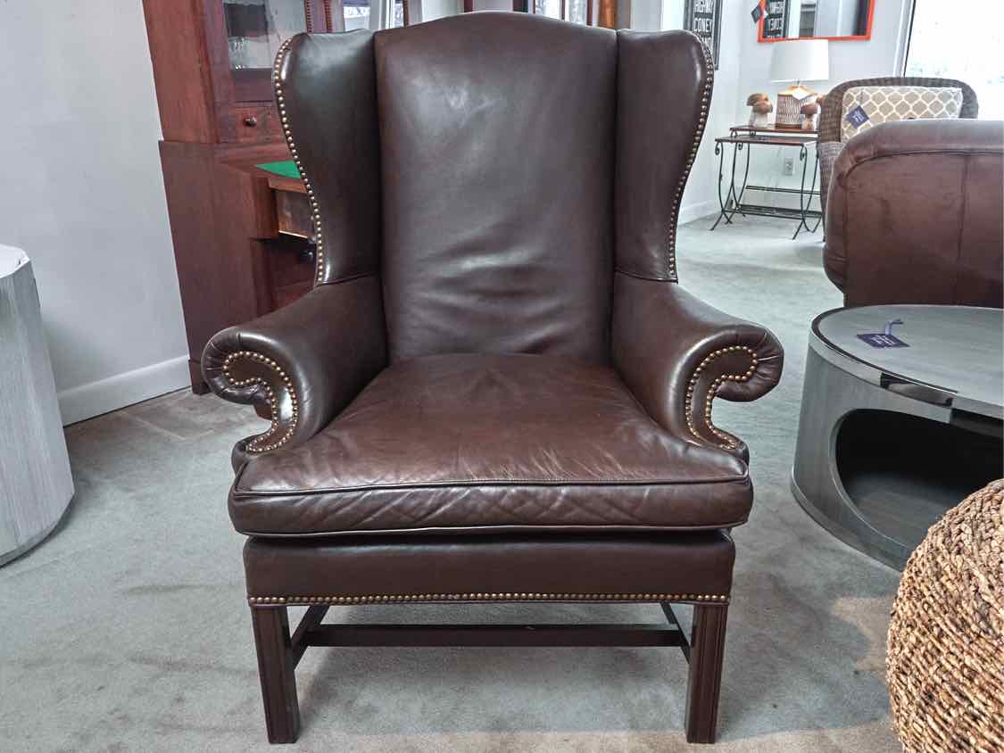 Pair Of Sam Moore 'Walnut Brown' Leather Wing Back Nailhead Trim Chairs
