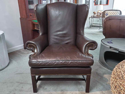 Pair Of Sam Moore 'Walnut Brown' Leather Wing Back Nailhead Trim Chairs