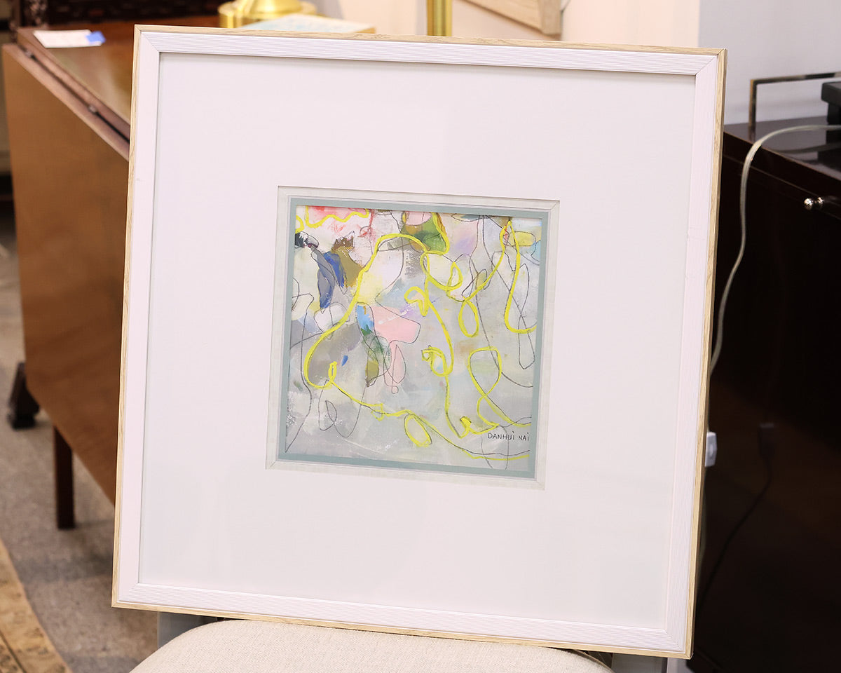 "String of Lights IV" Matted Print in White & Blond Wood Frame