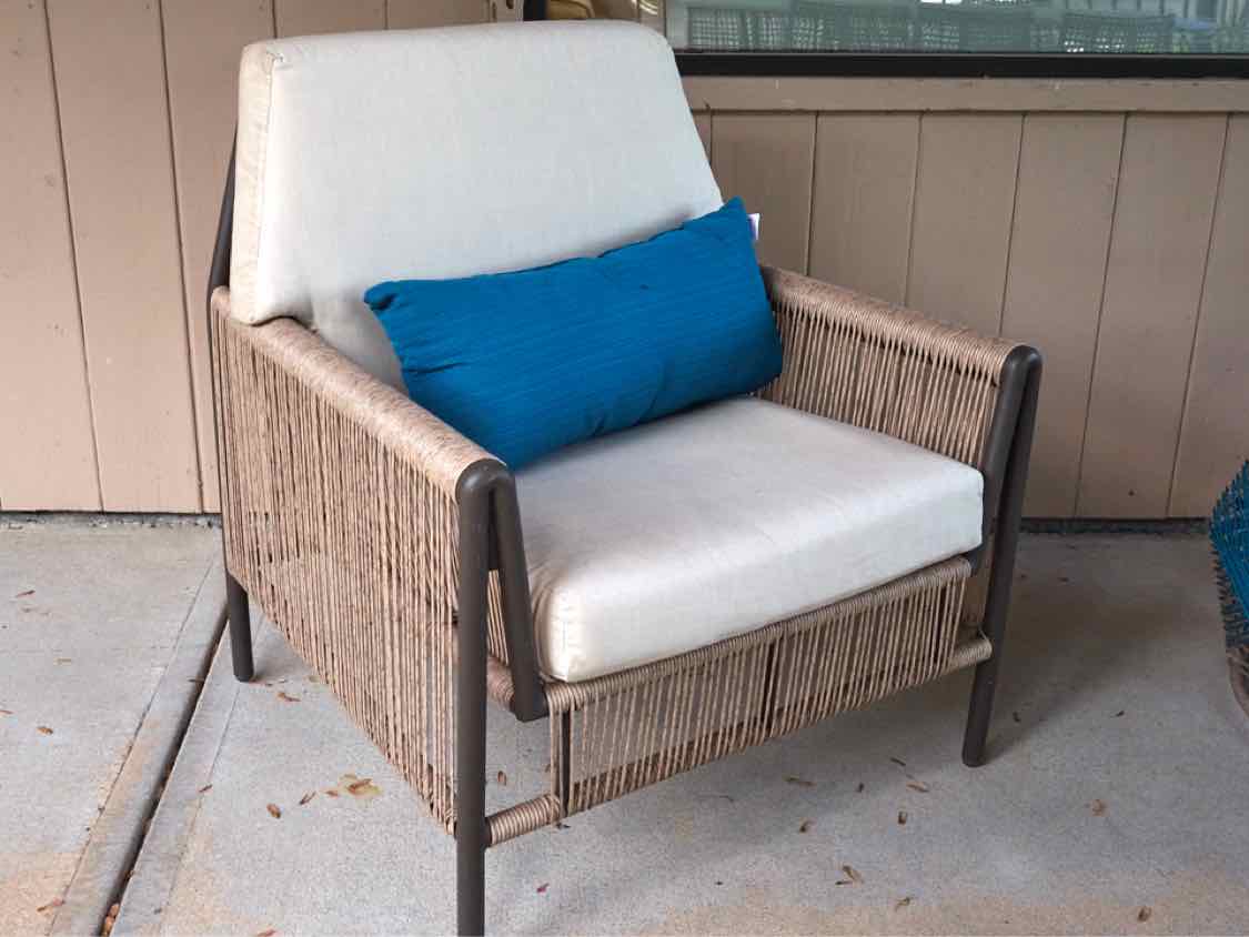 Pair of Tan Weave Arm Chairs & Matching Round Side Table