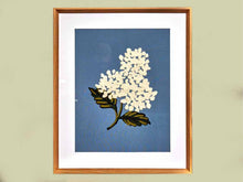 Embroidered Hydrangea on Blue in Light Wood Frame