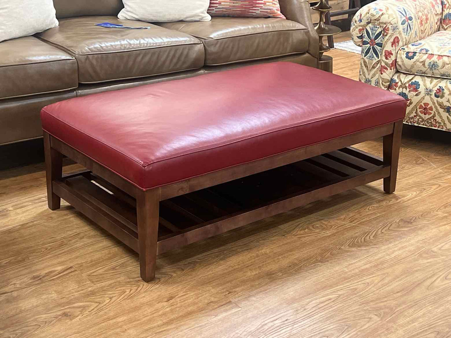 Arhaus Crimson Leather Ottoman