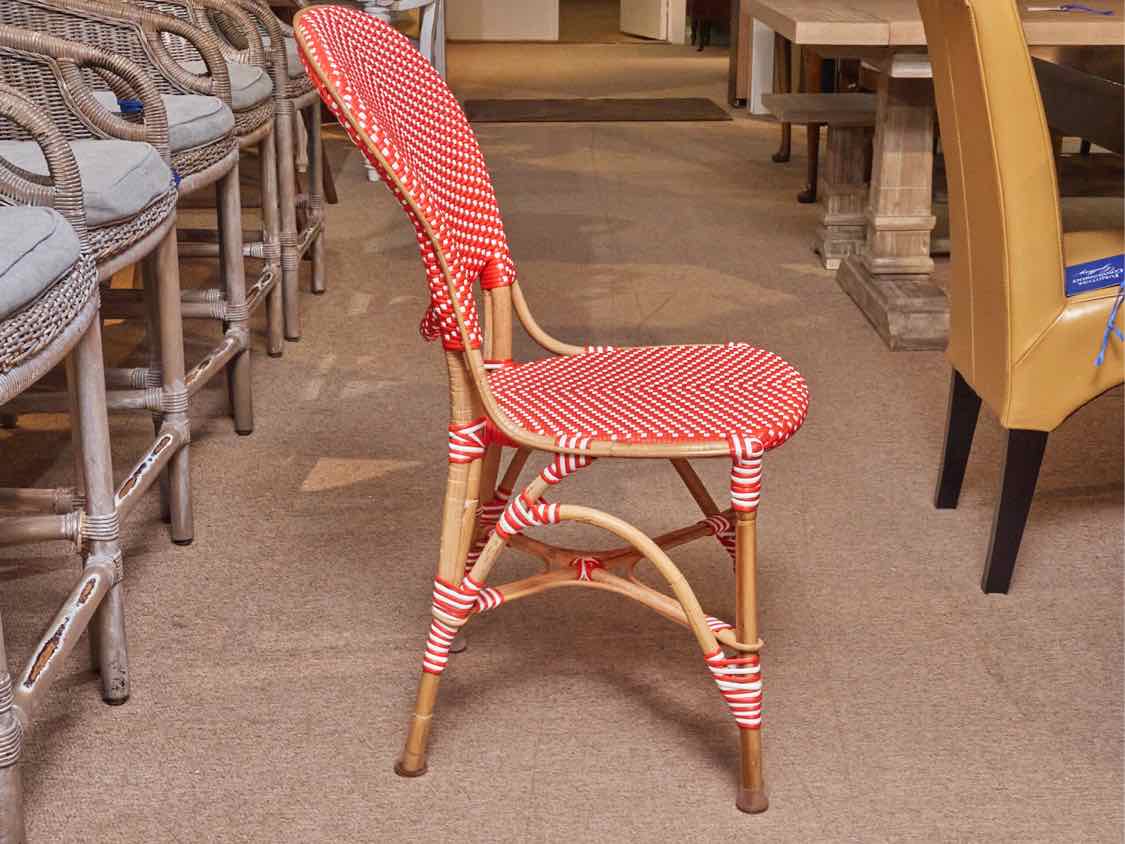 Set Of 4 Frontgate  Red & White Woven Bamboo Frame Bistro  Chairs