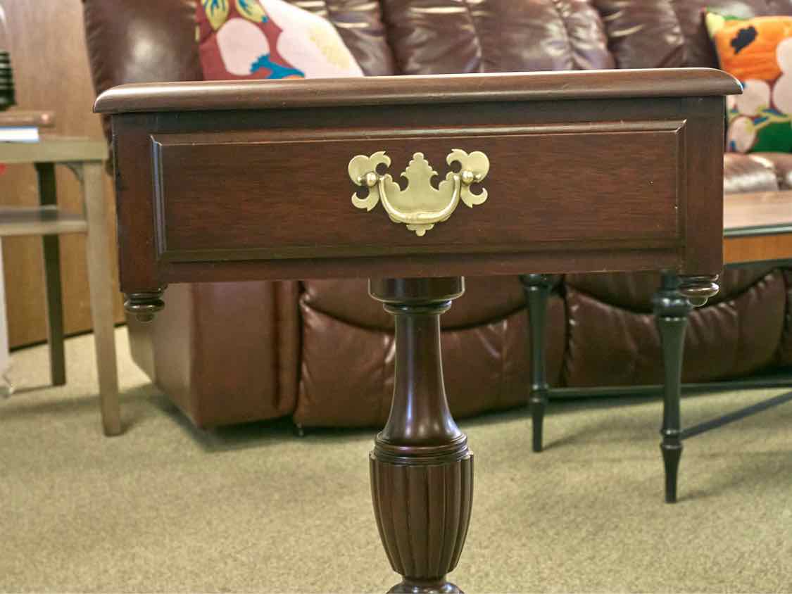 Single Drawer Mahogany Side Table on Pedestal Base