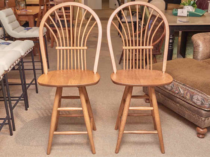 Pair of Oak Sheaf Back Swivel Counter Stools