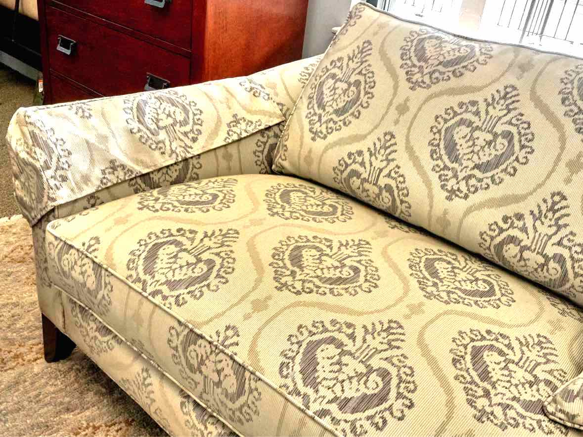 Ethan Allen Upholstered  Neutral Toned Damask Sofa