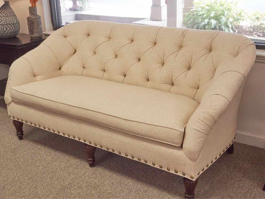 Duralee Siena 72" Tufted Sofa in Cream & Tan on Walnut Finish Leg