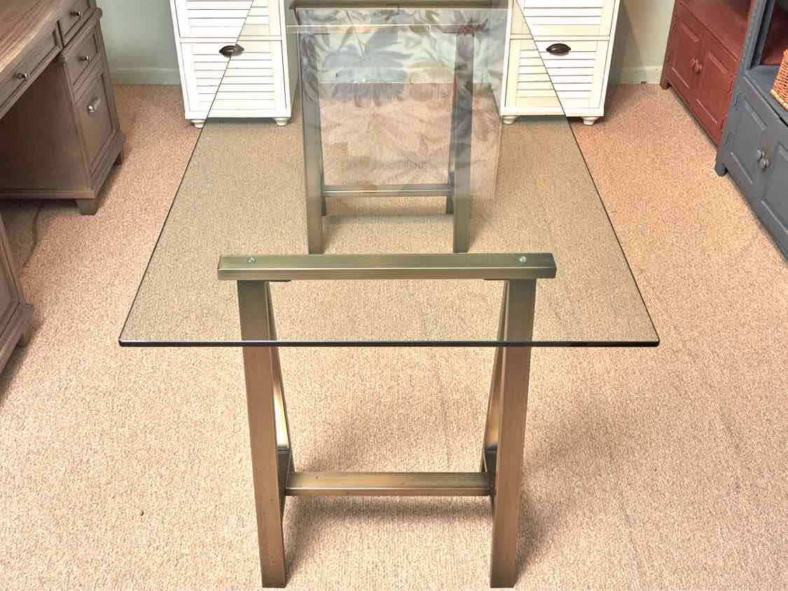 West Elm Glass Top Bronzed Metal Sawhorse Legs  Desk