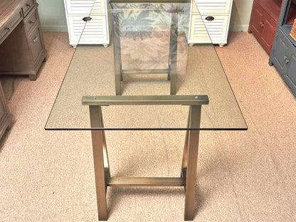 West Elm Glass Top Bronzed Metal Sawhorse Legs  Desk