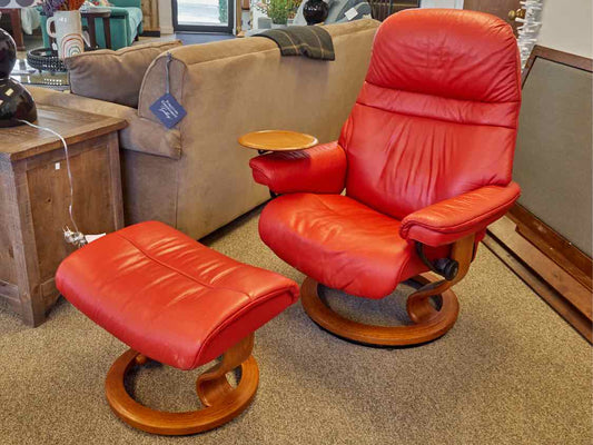 Ekornes Stressless Sunrise Medium Recliner in Chili Red Leather with Ottoman