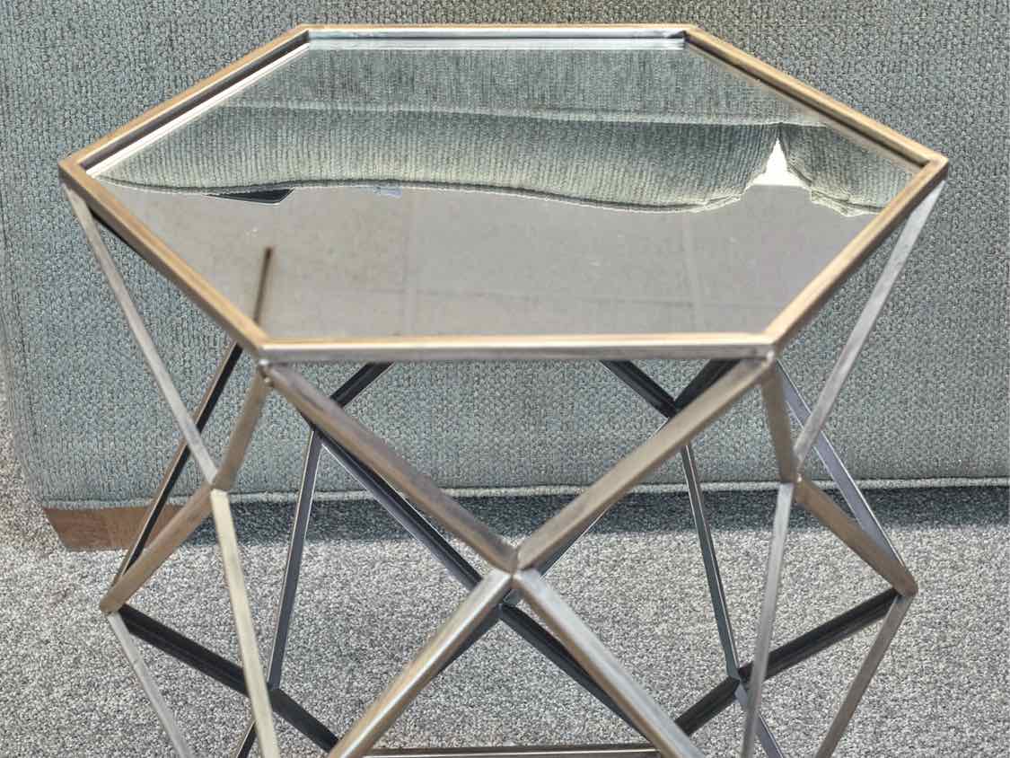 Hexagonal Gold Frame Accent Table with Mirrored Top