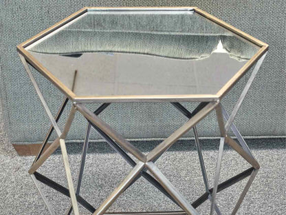 Hexagonal Gold Frame Accent Table with Mirrored Top