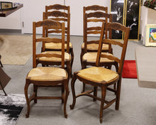 Set of 6 Oak Ladderback Dining Chairs with Rush Seats & Floral Basket Carving