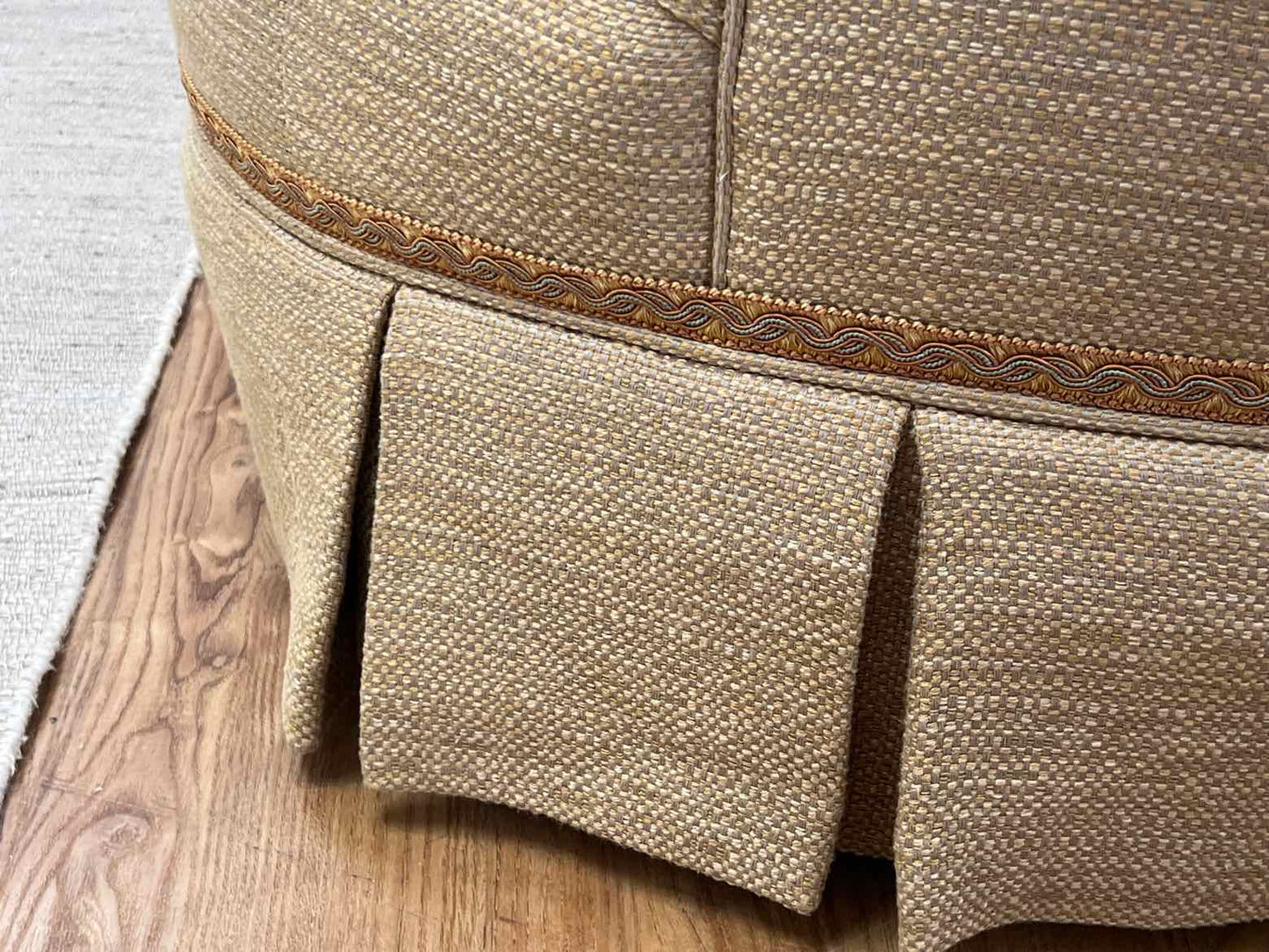 Kidney Shaped Skirted Loveseat In Textured Wheat Upholstery