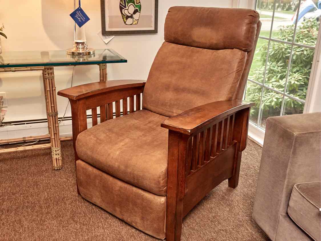 Best Chairs Inc  Mission Style Suede Upholstered Cushions Stained Ash Recliner