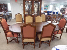 Wood Paneled Dining Table & 8 Fabric Dining Chairs w/ Nail Head Trim