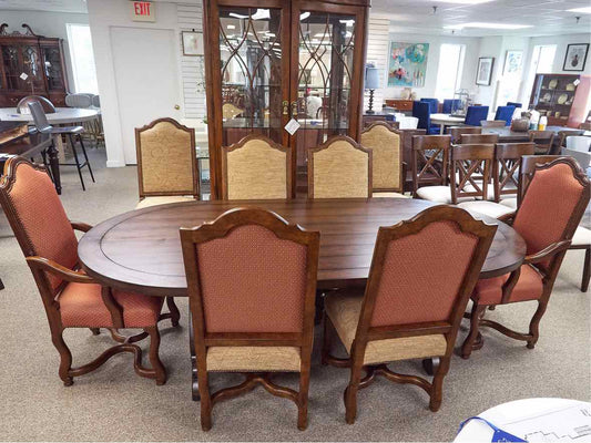 Wood Paneled Dining Table & 8 Fabric Dining Chairs w/ Nail Head Trim