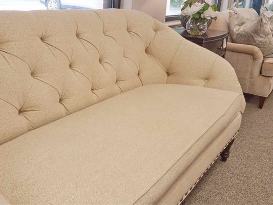 Duralee Siena 72" Tufted Sofa in Cream & Tan on Walnut Finish Leg