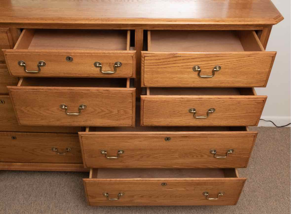 Kincaid Oak 10 Drawer Triple Dresser with Wall  Oak Landscape Mirror