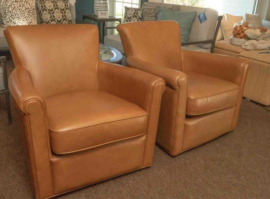 Pair Of Pottery Barn 'Ivring' Rolled Arm Caramel  Leather Swivel Chairs
