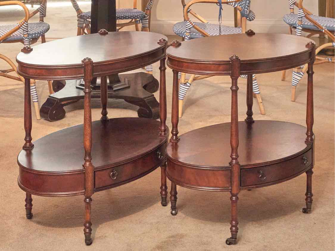 Pair Of Drexel Heritage Mahogany Oval  1 Drawer&  Lower Shelf Side Tables