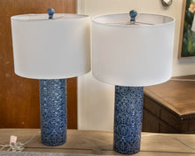 Pair of Embossed Blue Column Table Lamps with White Drum Shades