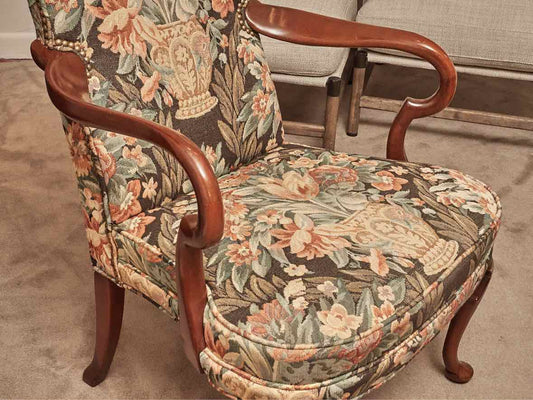 Hickory Cherry Gooseneck Arm Chair with Floral Tapestry  Upholstery