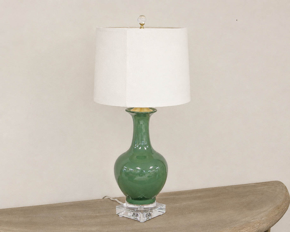 Pine Green Porcelain Table Lamp with Acrylic Base & Finial