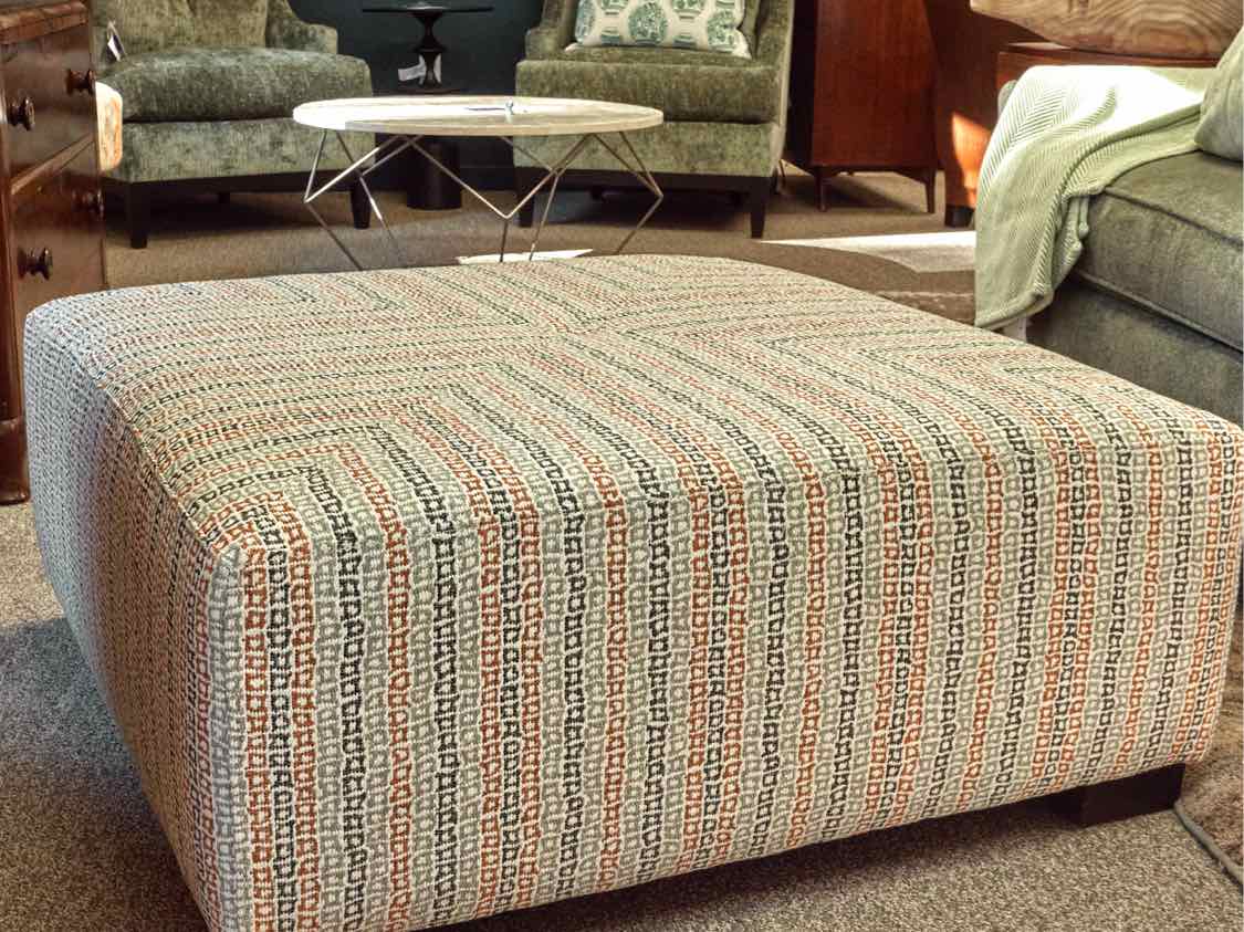 Square Ottoman in Navy, Rust, Grey & White Fabric