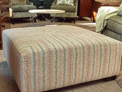 Square Ottoman in Navy, Rust, Grey & White Fabric