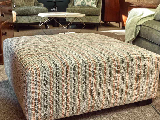 Square Ottoman in Navy, Rust, Grey & White Fabric