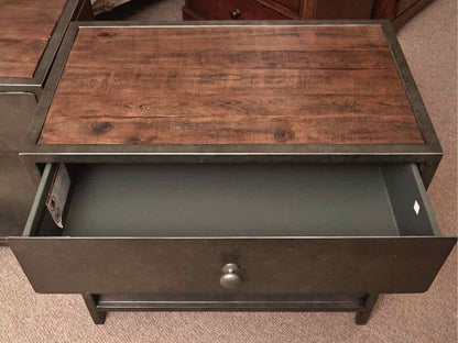 Pair of Pottery Barn Gunmetal Frame & Elm Wood Plank Top  Nightstands