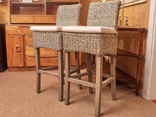 Pair Of Banana Leaf Washed Bar Stools With Cushions