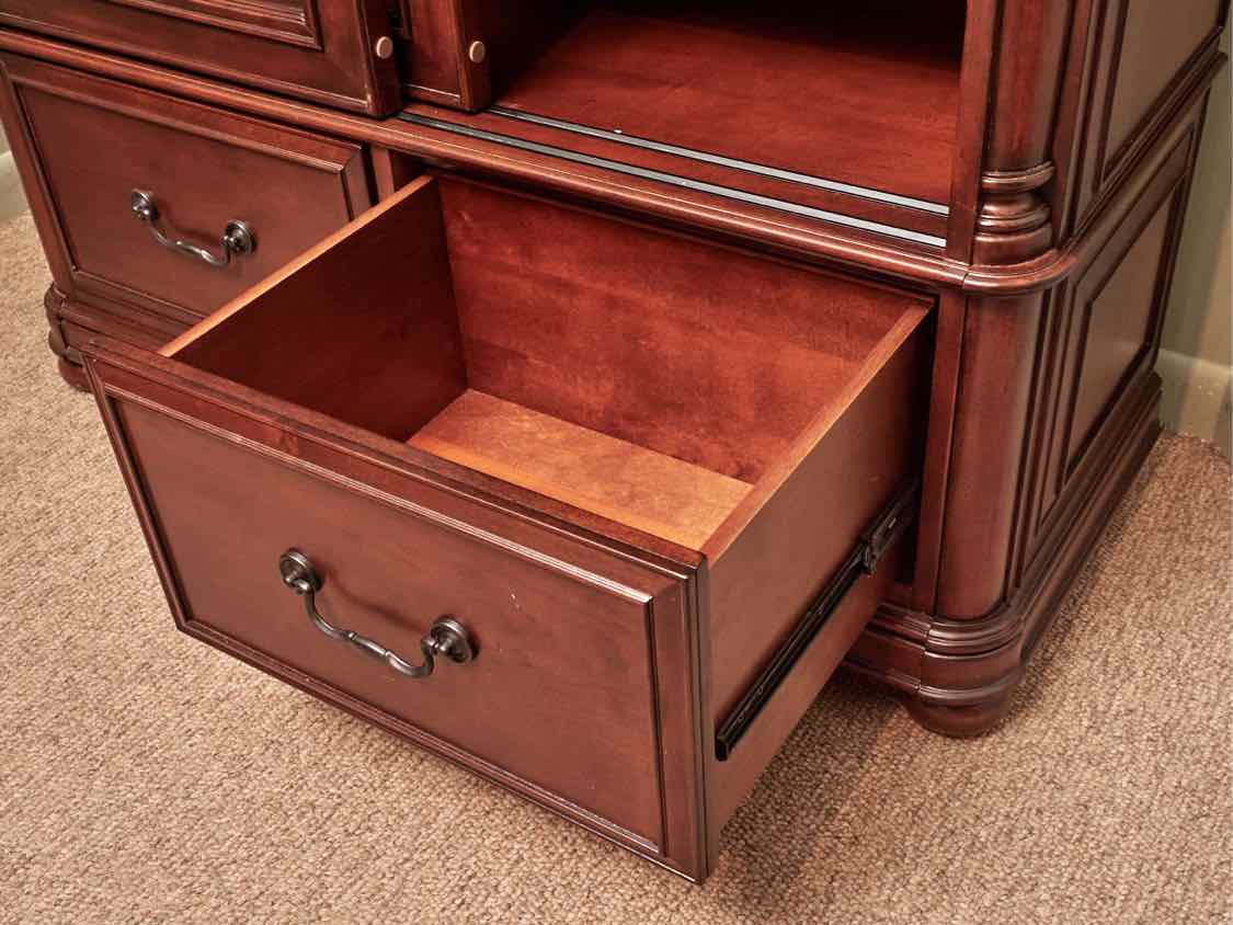 Riverside  Stained Cherry 2 Glass Sliding Doors 3 Shelf 2 Drawers Bookcase