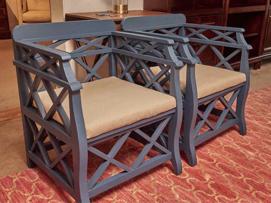 Pair Of Blue Finish Lattice Cushion Accent Chairs