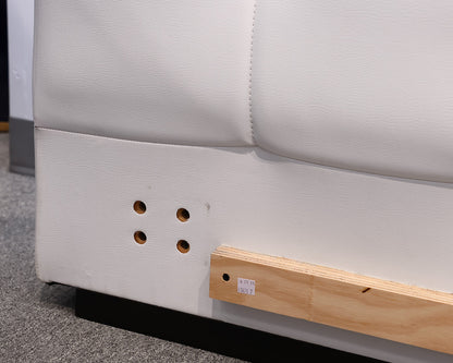Biscuit Stitched King Bed in White Faux Leather with Low-Profile Footboard