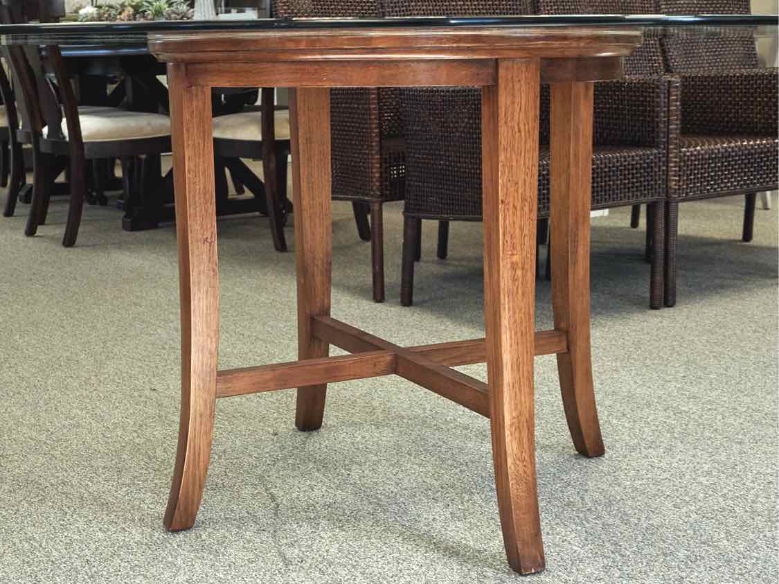 Crate & Barrel Glass Dining Table with Wood Pedestal  Base