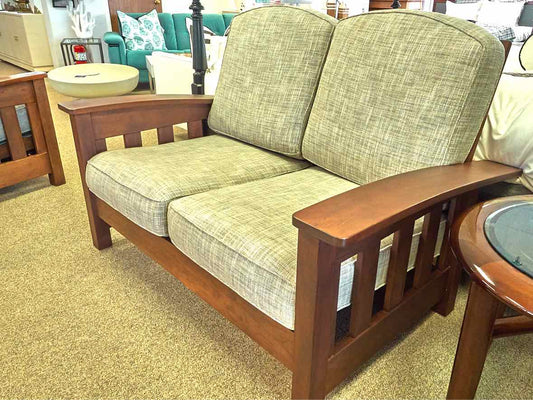 Pompanoosuc Mills Loveseat w/Dark Walnut Frame in Grey Toned  Upholstered Fabric