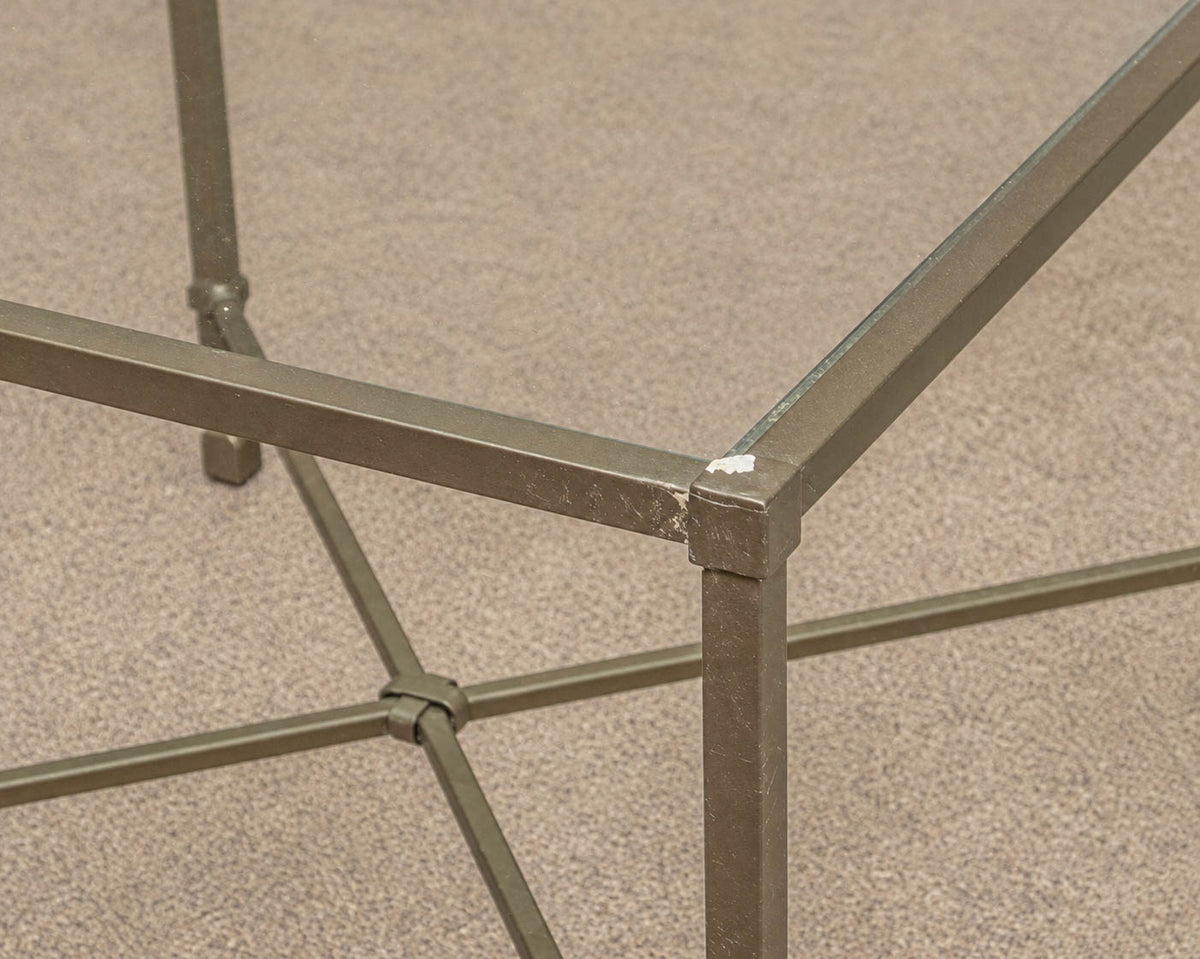 Pair of Antiqued Brass Square Side Tables W/ Glass Tops