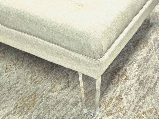Gold & Ivory Button Square Ottoman with lucite Legs