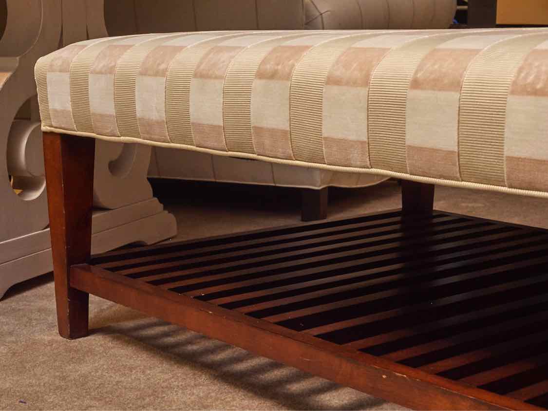 Custom Upholstered In  Ivory,Beige & Taupe Dark Stained Legs  Ottoman