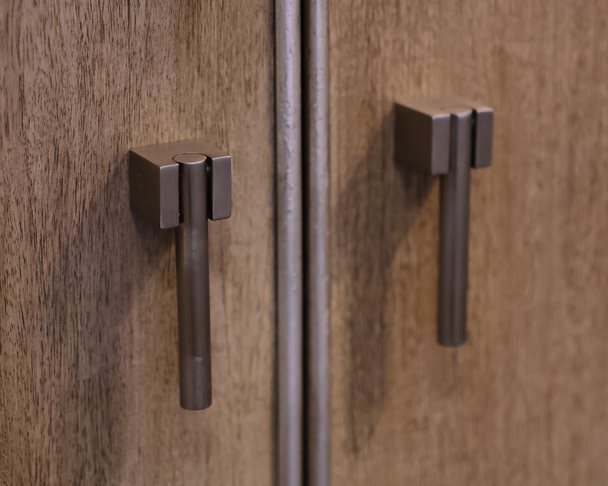 Hickory White Custom Tall Cabinet in Drifted Wood with Silver Trim