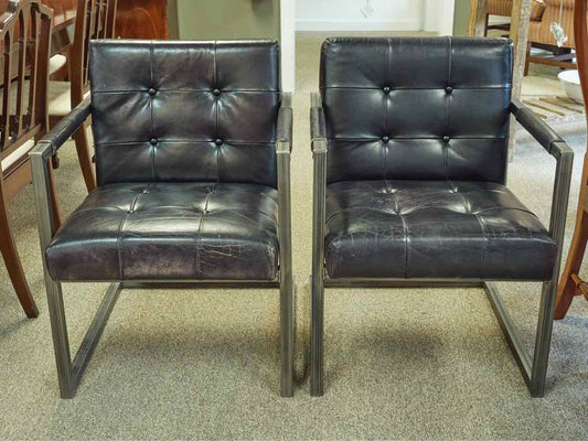 Pair of Restoration Hardware Industrial Metal & Leather Arm Chairs
