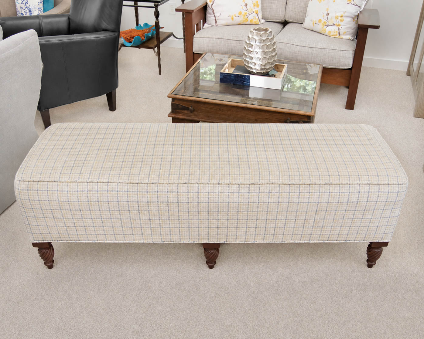 Upholstered Bench With Carved Dark Cherry Feet
