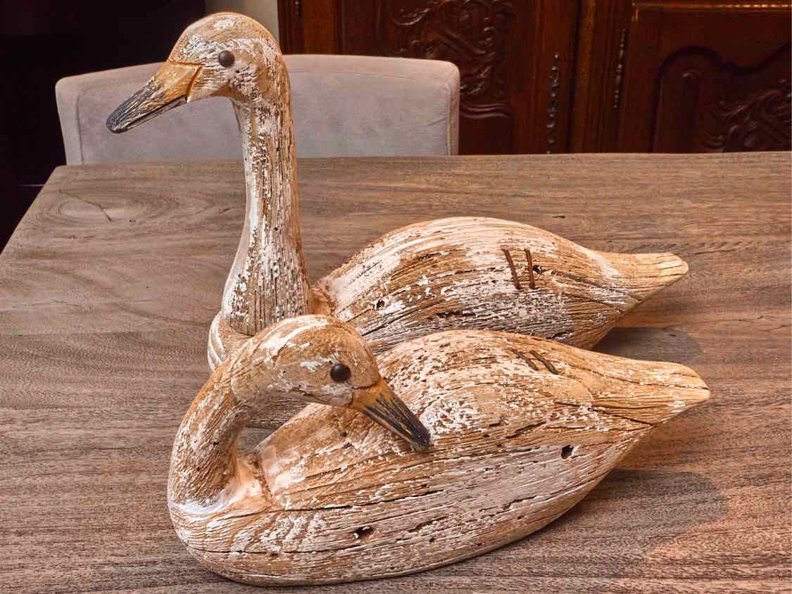 Pair Of Wooden White Washed Swans